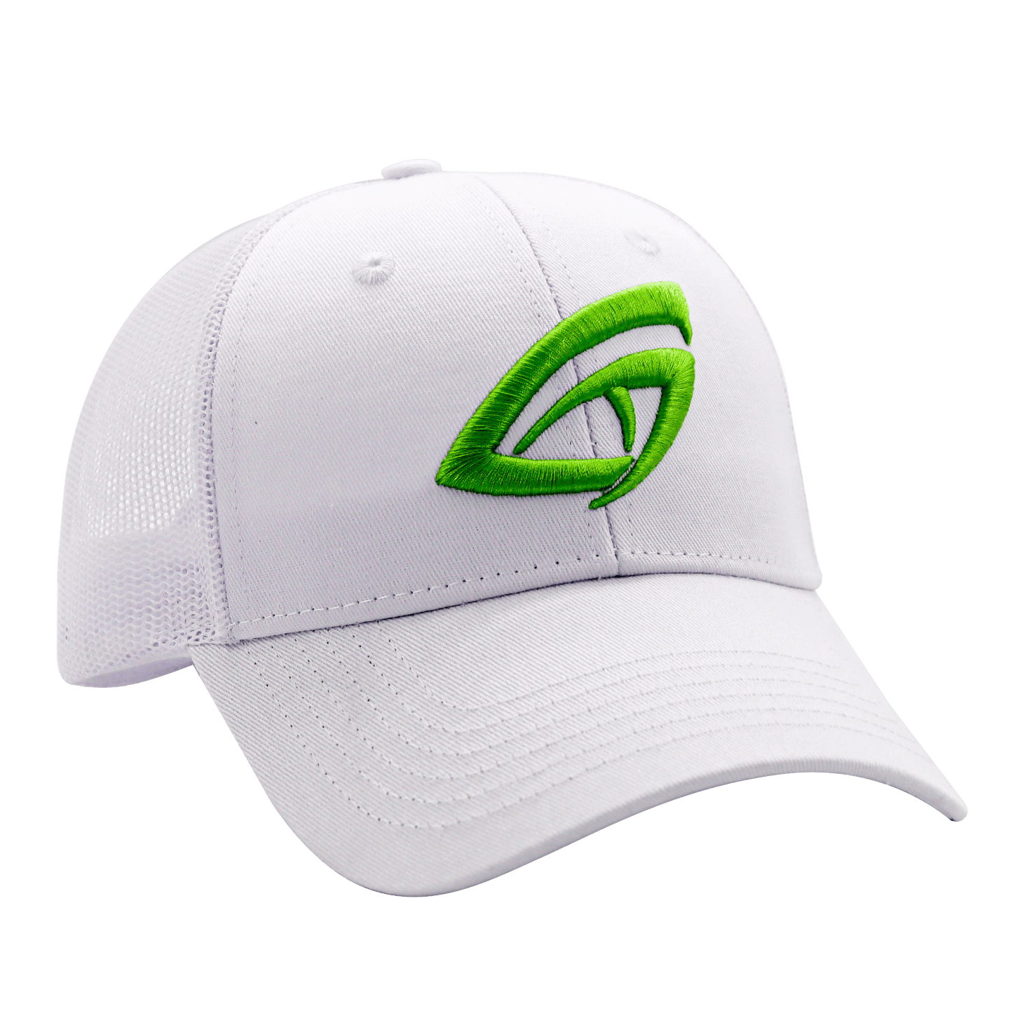 The GATORSTRIKE™ Performance Hat is a white cap with a mesh back and curved brim, featuring a green embroidered stylized eye logo on the front. An adjustable strap ensures all-day comfort and a secure fit.