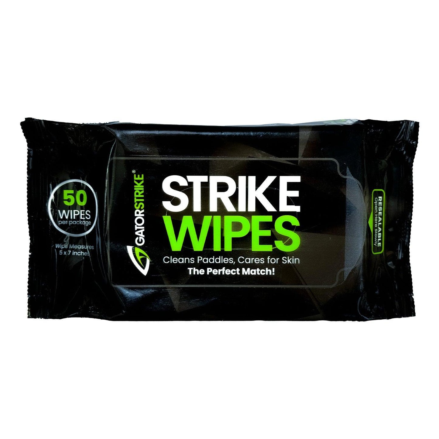 A black package of GATORSTRIKE™ Paddle Wipes contains 50 non-toxic, alcohol-free wipes for cleaning paddles and caring for skin. Packaging reads: “Cleans Paddles, Cares for Skin. The Perfect Match!” in white and green text.