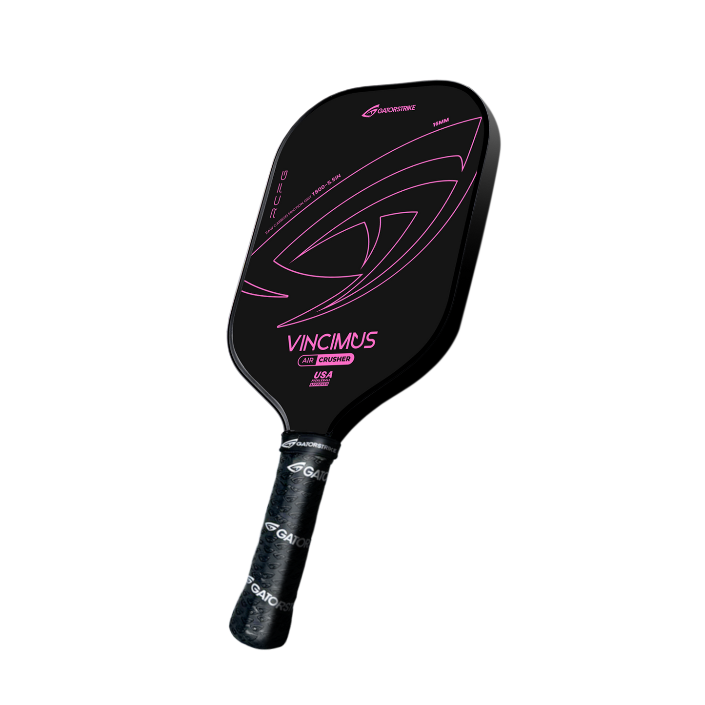 The VINCIMUS - AIR CRUSHER is a black pickleball paddle with pink accents, carbon fiber grit surface, black grip-wrapped handle, curved lines, and sleek unibody design featuring "VINCIMUS" on the face and logo, shown on a plain white background.