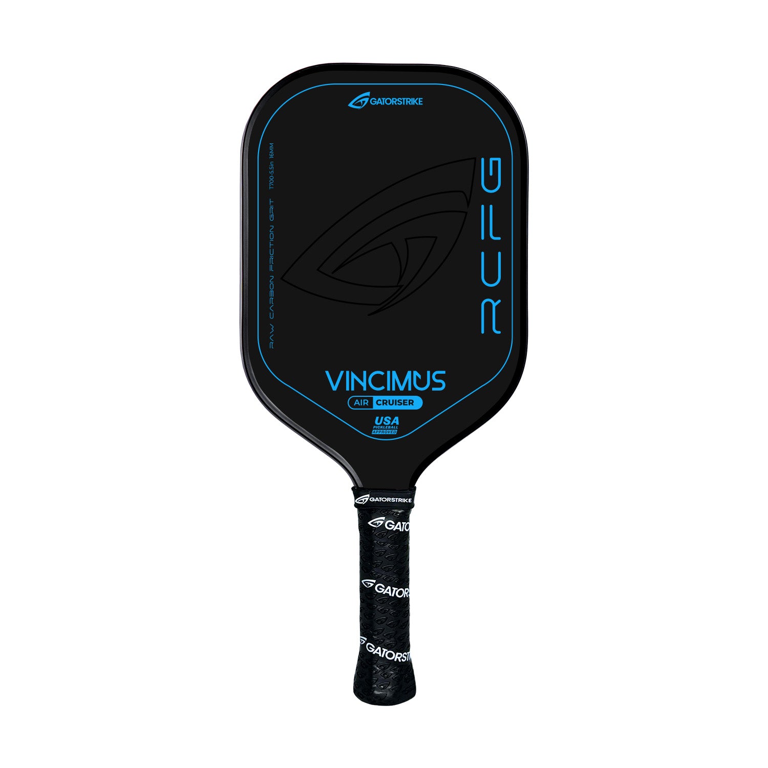 A black, game-ready pickleball paddle by GATORSTRIKE features blue accents, VINCIMUS AIR CRUISER USA on the face, a large stylized eye logo, RCFG on the side, and a GATORSTRIKE-branded black grip tape handle.