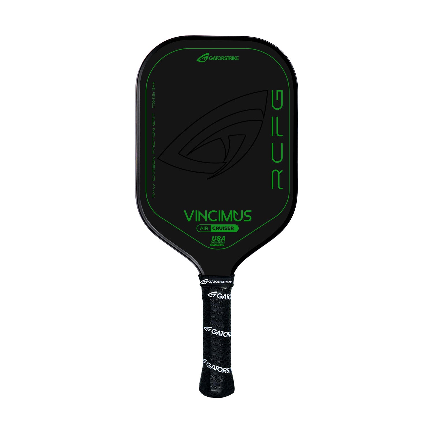 A black, game-ready pickleball paddle with green accents features the GATORSTRIKE brand, a large green stylized logo, and the model name VINCIMUS RCFG. Its raw carbon fiber face and black grip tape ensure top performance.