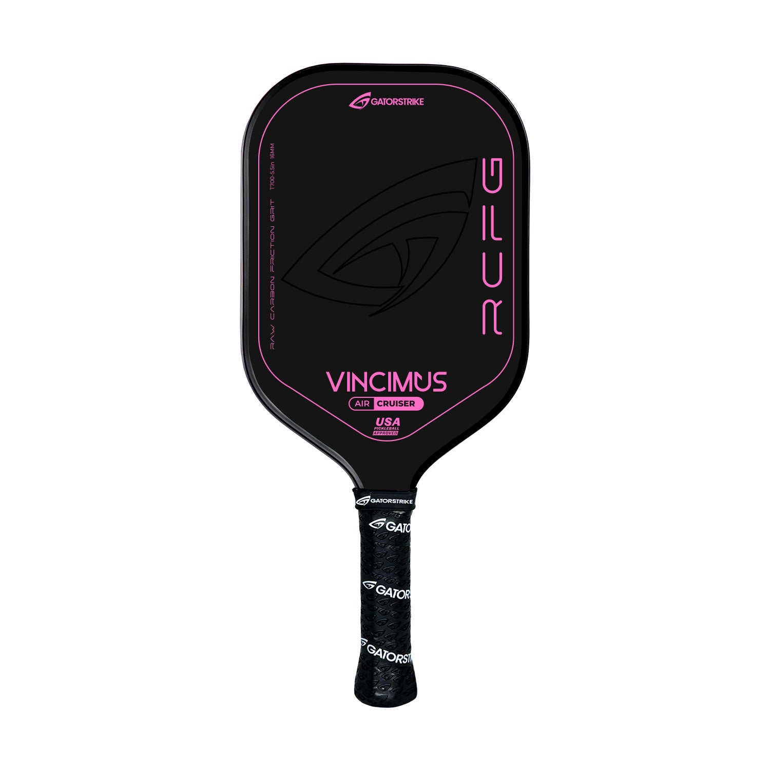A black, game-ready pickleball paddle with a sleek design and pink accents. Made from raw carbon fiber, it features VINCIMUS AIR CRUISER USA and GATORSTRIKE text plus a black grip tape handle with repeating GATORSTRIKE branding.