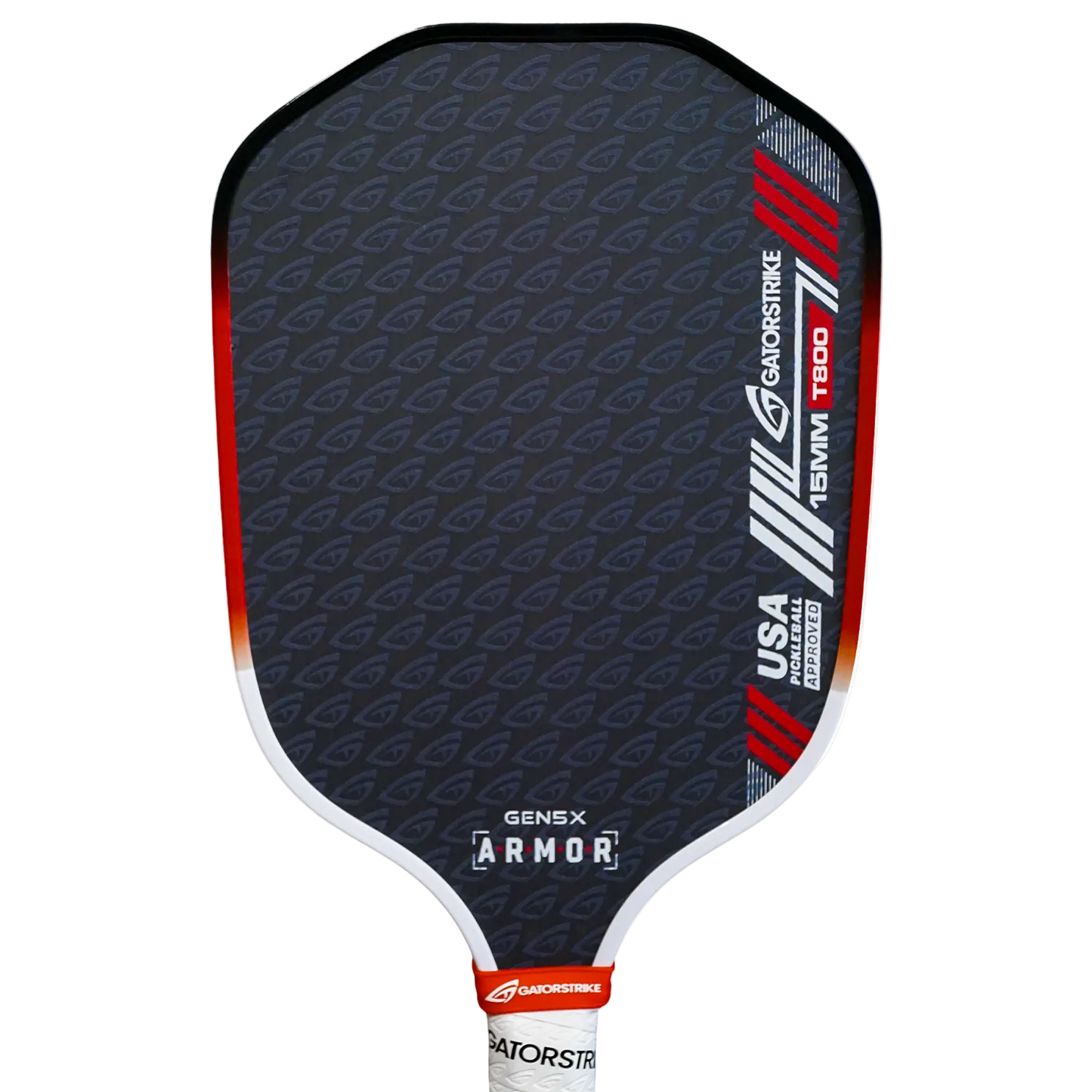A black GATORSTRIKE pickleball paddle with a hexagonal shape, red and silver diagonal stripes, repeating G pattern, and "USA Pickleball Approved" text. Engineered for explosive power and precise control on the court.