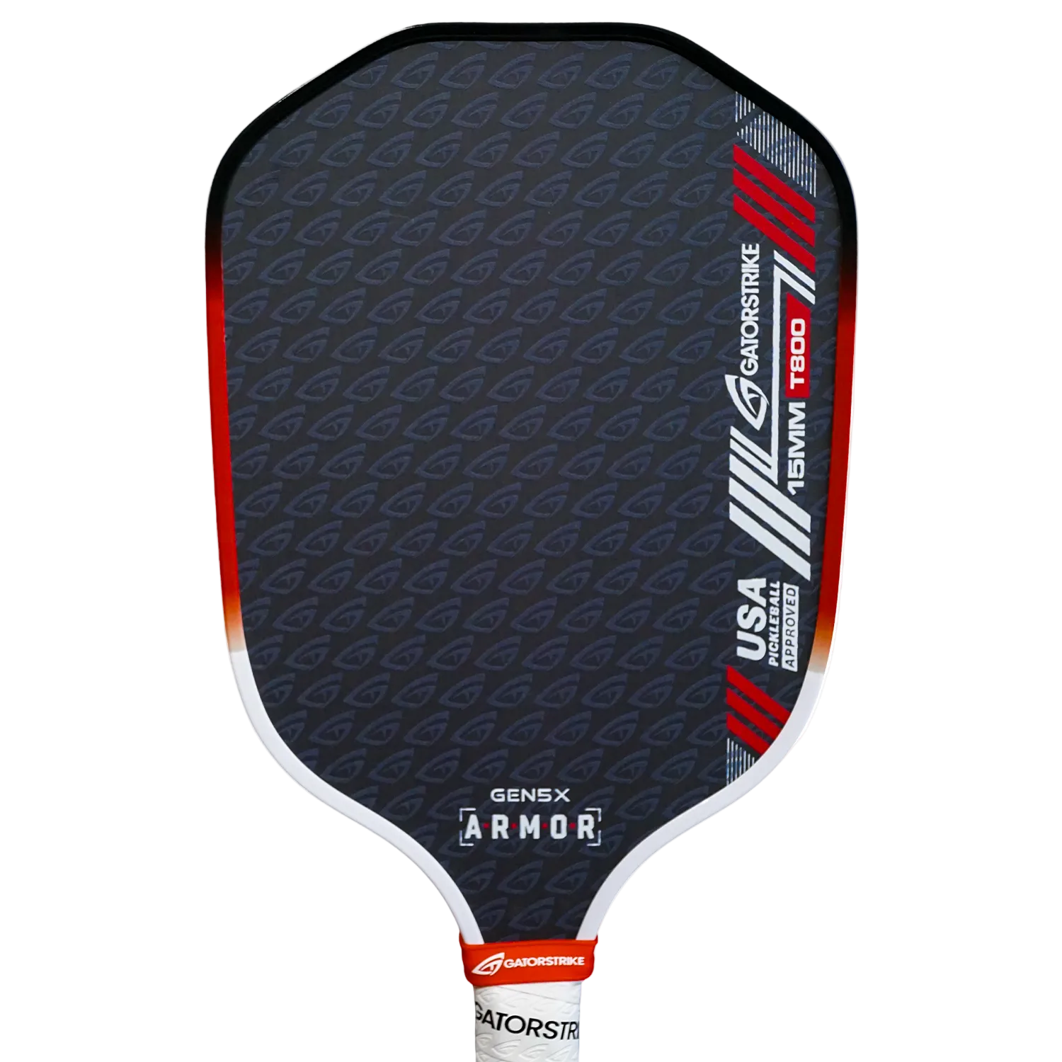 A black GATORSTRIKE pickleball paddle with a hexagonal shape, red and silver diagonal stripes, repeating G pattern, and "USA Pickleball Approved" text. Engineered for explosive power and precise control on the court.