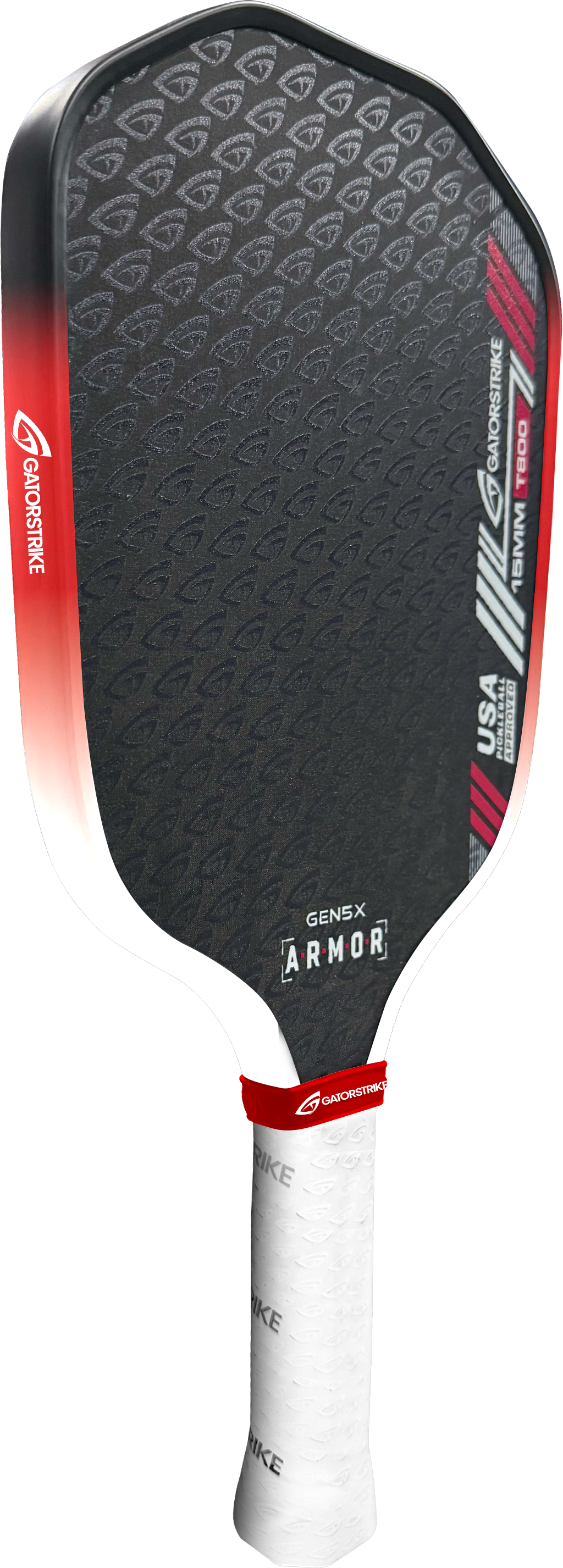 A black carbon fiber GATORSTRIKE pickleball paddle with a red gradient edge, textured face for control, and a white grip-taped handle. Features “GATORSTRIKE,” “GenX Armor,” and “USA Pickleball Approved” branding.
