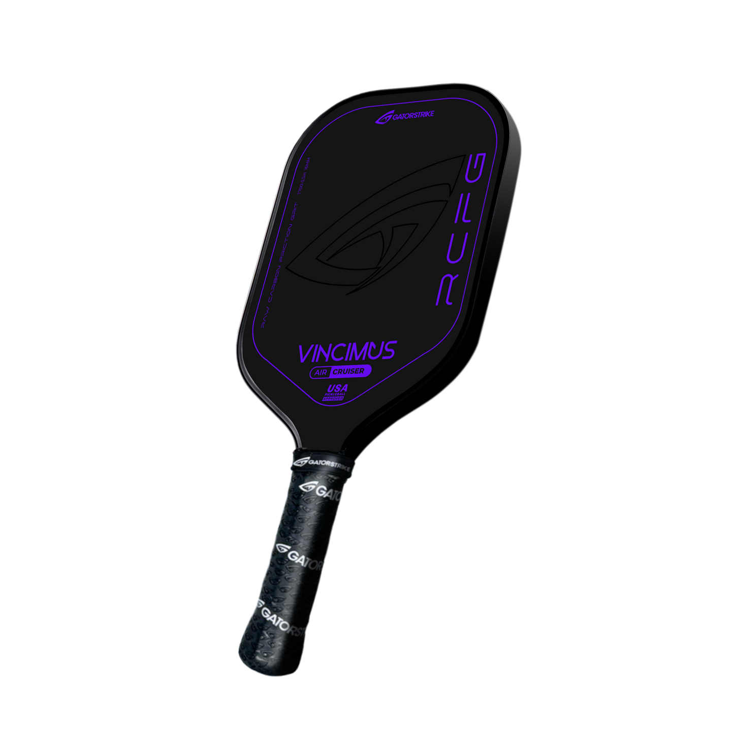 The VINCIMUS - AIR CRUISER is a black pickleball paddle with purple accents, "VINCIMUS" on its carbon fiber face, a textured handle, and sleek, lightweight unibody construction.