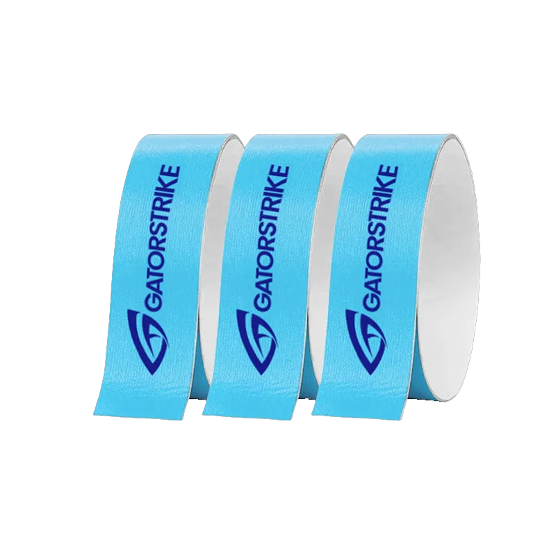 Three upright rolls of bright blue GATORSTRIKE tape feature a bold logo and white inner sides. This protective tape is ideal as a pickleball paddle edge guard, shown on a plain background.