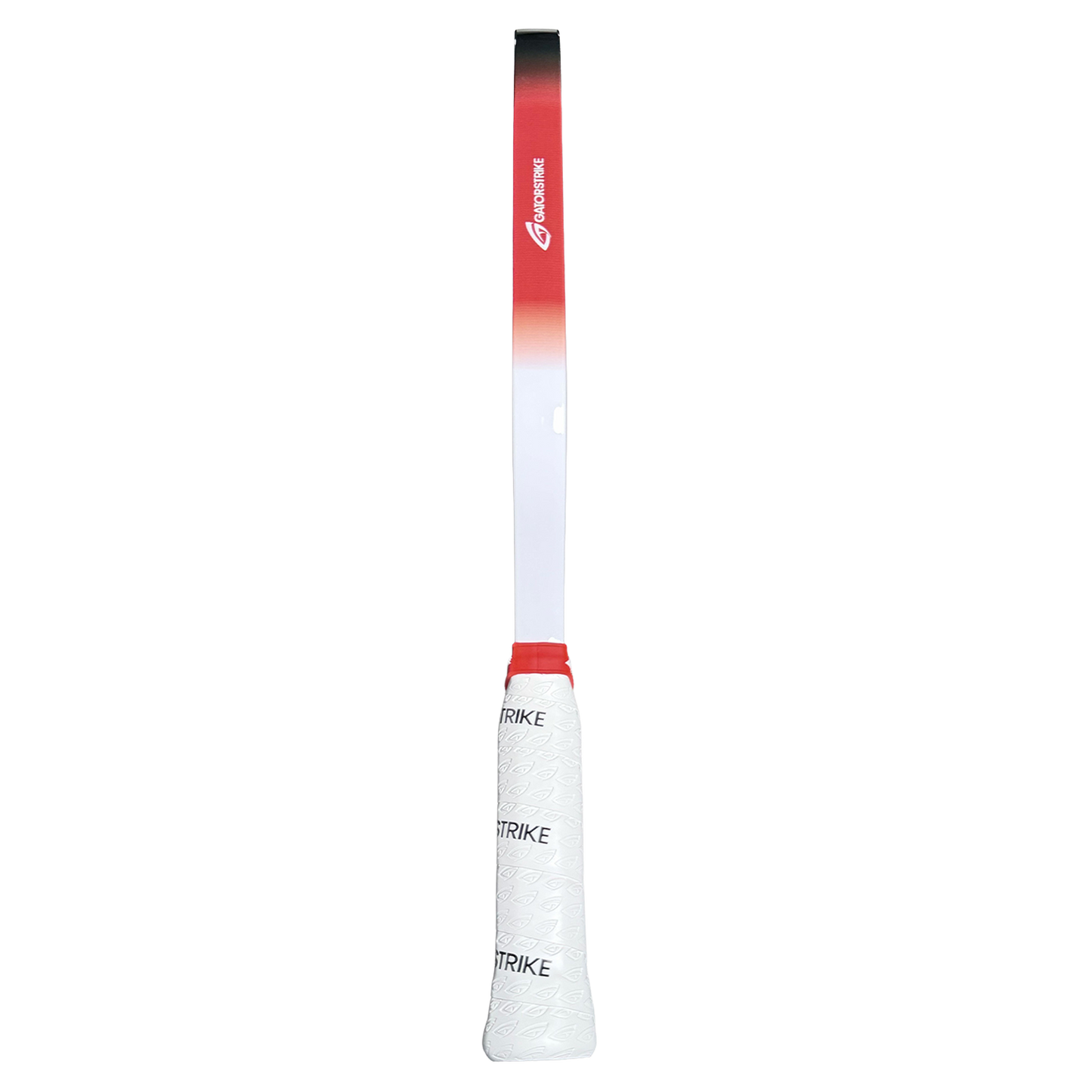 A GATORSTRIKE badminton racket with a white and red gradient shaft featuring the “CARBONSTRIKE” logo. Its textured white grip displays “STRIKE” in black. The background is plain white for a clean look.