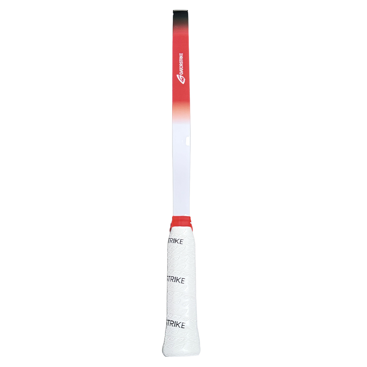 A GATORSTRIKE badminton racket with a white and red gradient shaft featuring the “CARBONSTRIKE” logo. Its textured white grip displays “STRIKE” in black. The background is plain white for a clean look.