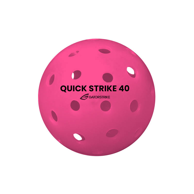 The GATORSTRIKE™ Quick Strike Pickleballs - 100 Pack features bright pink perforated balls with the Gatorstrike logo, crafted for top consistency and performance in pickleball or wiffle ball games.