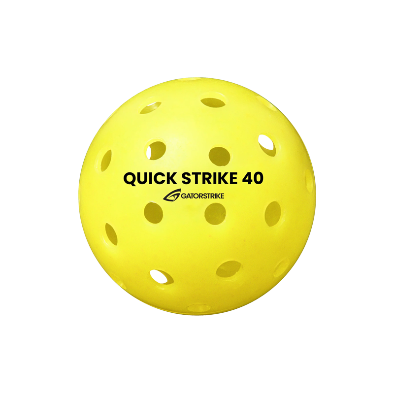 The GATORSTRIKE™ Quick Strike Pickleballs - 100 Pack features yellow perforated balls labeled QUICK STRIKE 40 and GATORSTRIKE, designed for consistent play in sports like pickleball or wiffle ball. Shown on a plain white background.