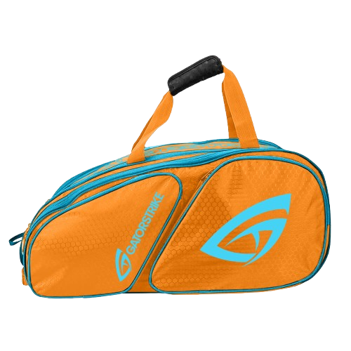 The GATORSTRIKE™ World Tour Backpack Bag is a bright orange sports duffle with blue accents and logo, black handle, two main zippered compartments, a side pocket, and wide-body design for equipment protection.