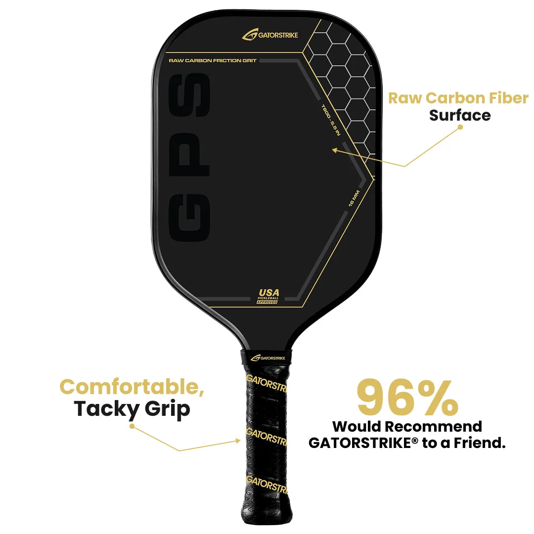 GATORSTRIKE™ Gold Pro Series paddle features a raw carbon fiber surface, anti-vibration foam, tacky grip, and GPS text. 96% of users would recommend GATORSTRIKE™ to a friend.