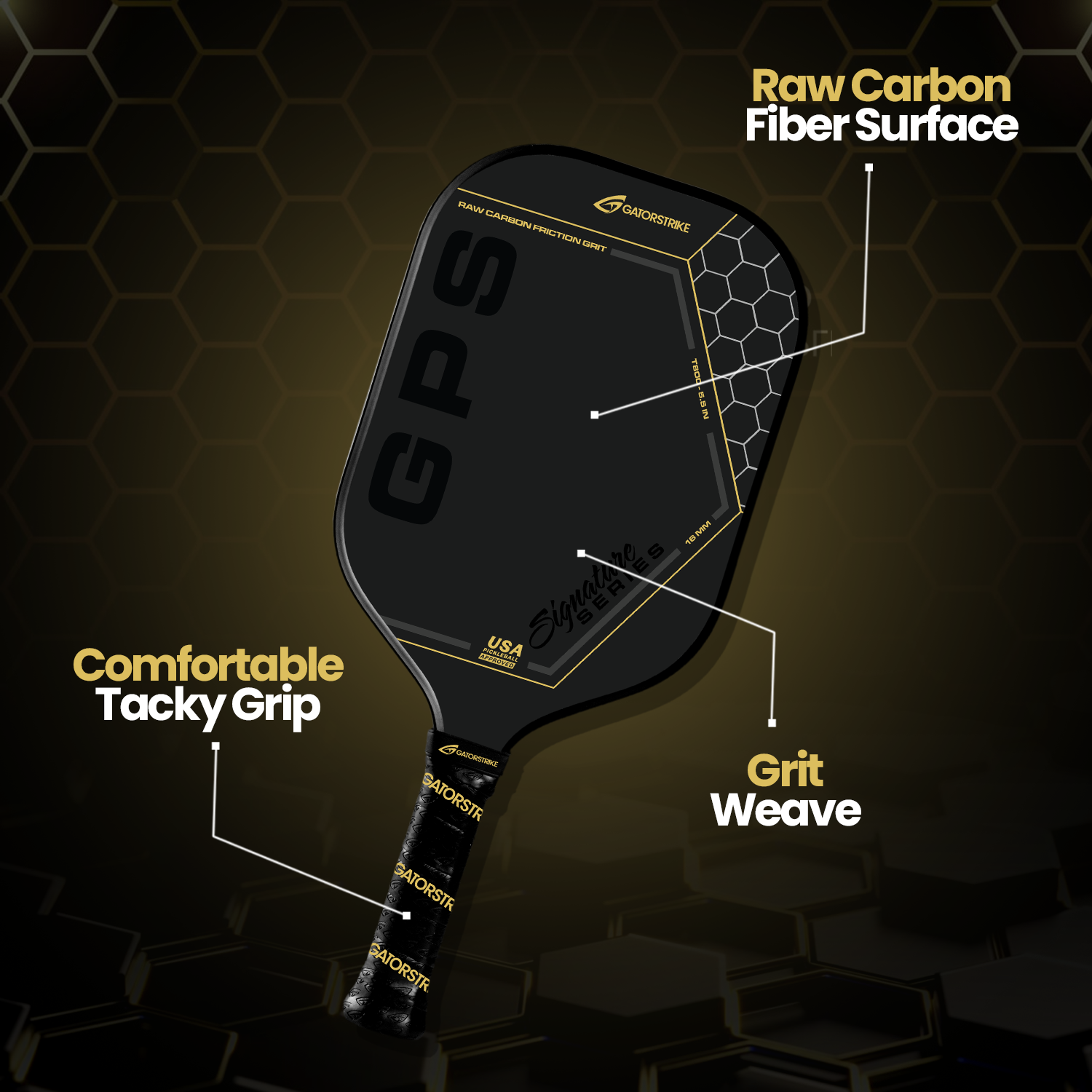 A black GATORSTRIKE carbon fiber pickleball paddle features callouts for its raw carbon fiber surface, control core, grit weave, and comfortable tacky grip. The dark, hexagonal-patterned background matches the paddle’s edge details.