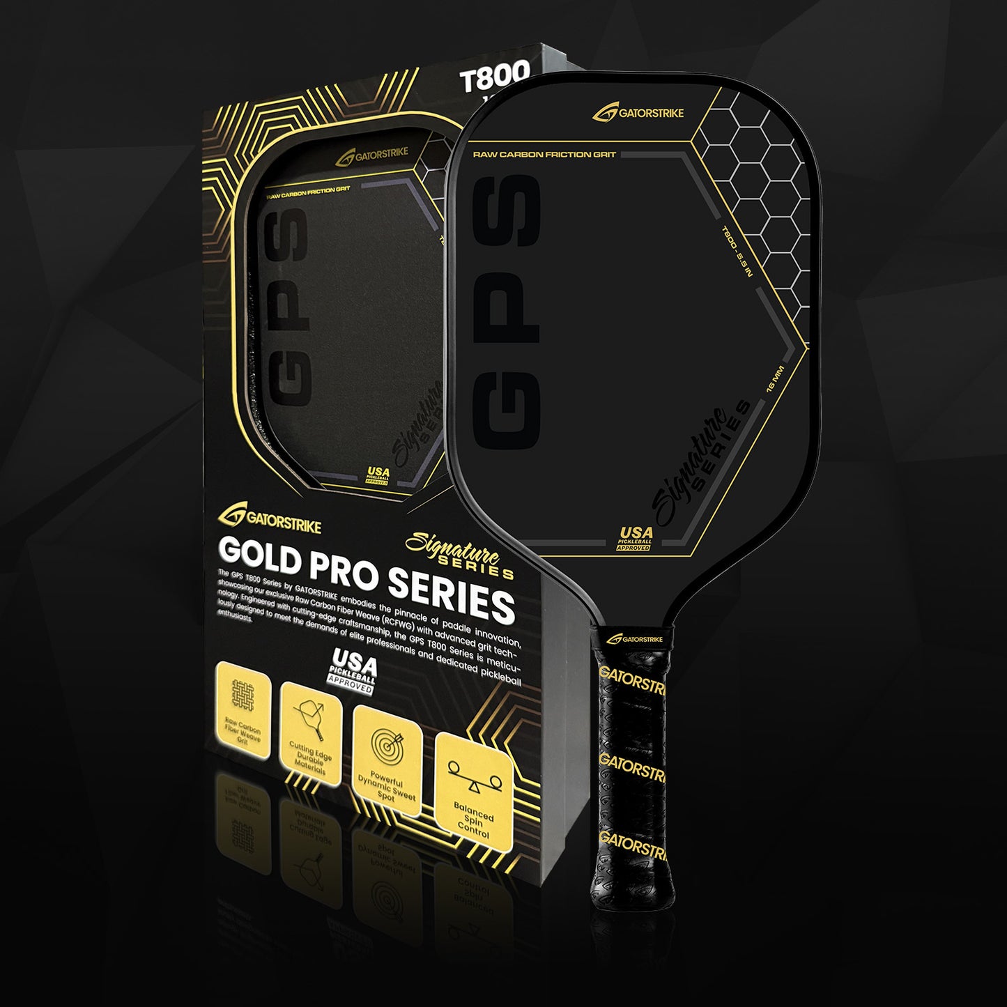 A black and gold carbon fiber paddle labeled "GATORSTRIKE™ Gold Pro Series" is shown in sleek packaging with technology icons, anti-vibration foam details, and a "USA Pickleball Approved" label.