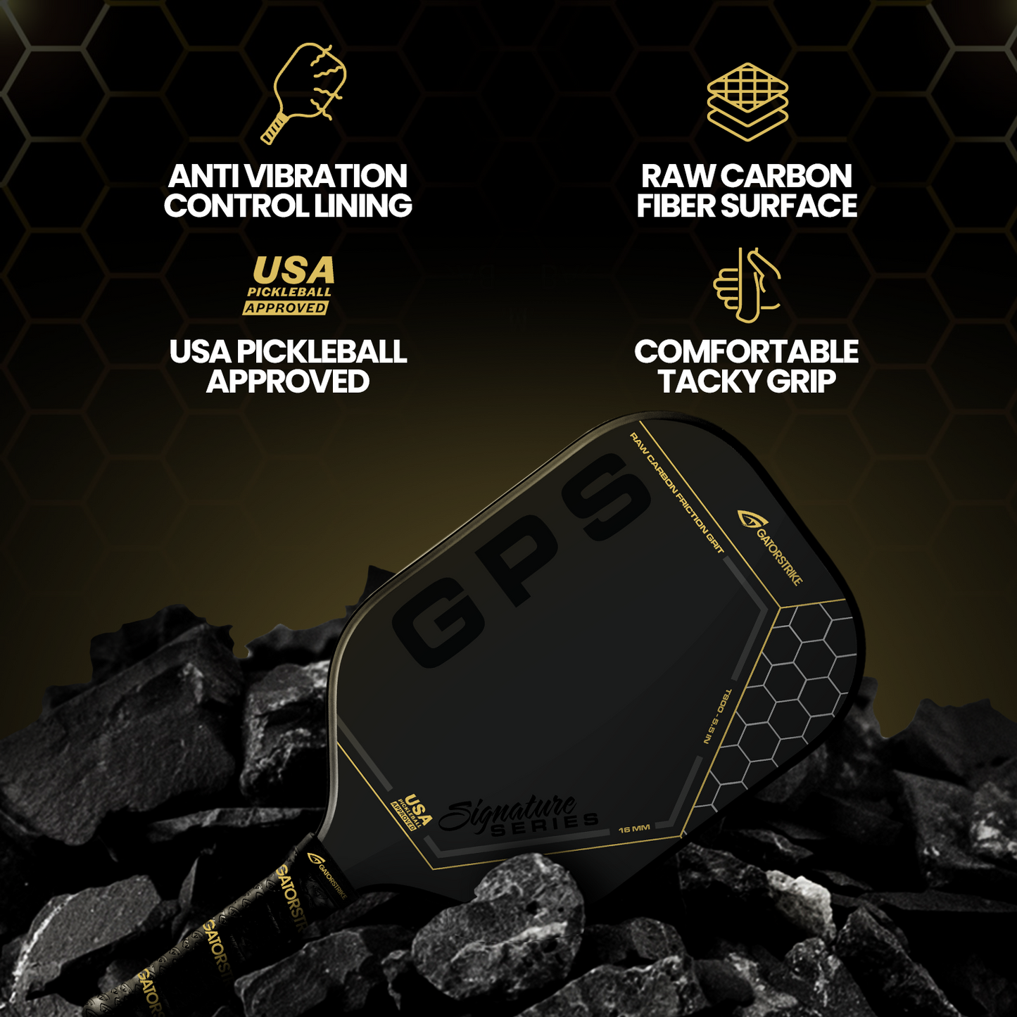 A black carbon fiber GATORSTRIKE™ Gold Pro Series paddle rests on dark rocks. Icons highlight its anti-vibration foam lining, raw carbon fiber surface, USA Pickleball approval, and a comfortable, tacky grip.