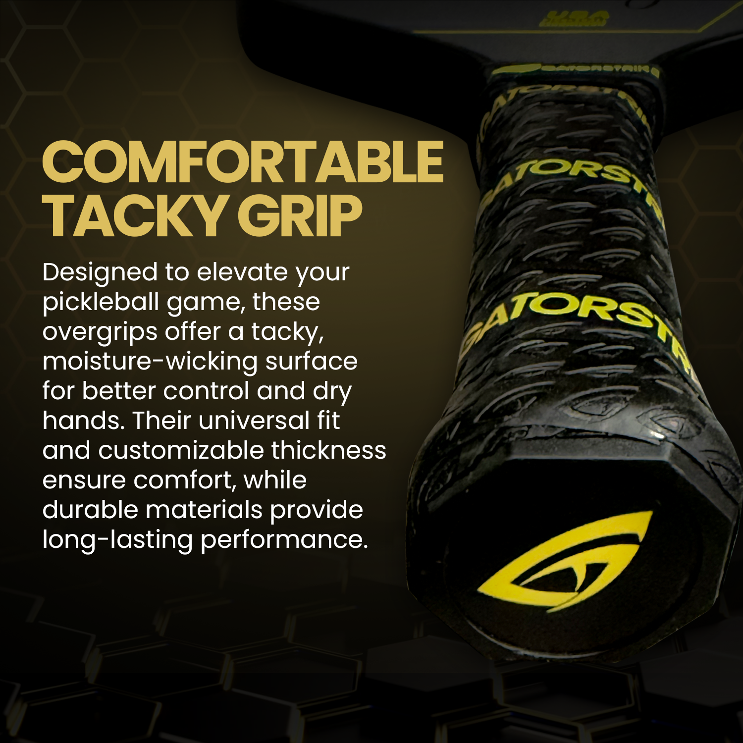 A close-up of a GATORSTRIKE carbon fiber pickleball paddle handle wrapped in a textured, black grip with yellow branding. The control core offers comfort, tackiness, and moisture-wicking durability for optimal play.