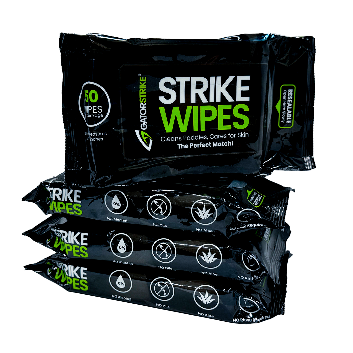 Four packs of GATORSTRIKE™ Paddle Wipes are stacked, one upright to display the black packaging with green and white text. Each pack holds 50 non-toxic, alcohol-free wipes for cleaning paddles and skin.