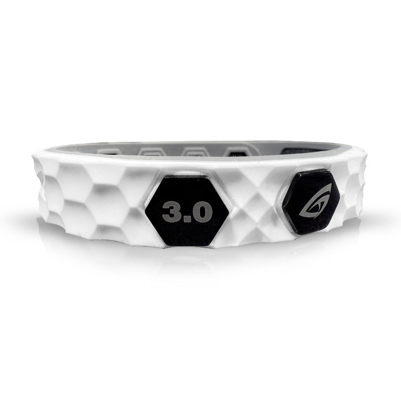 GATORSTRIKE™ SUPR Bands: White and black textured wristband with hexagonal pattern, 3.0 marking, and stylized logo—perfect for identifying your pickleball paddle and preventing mix-ups.