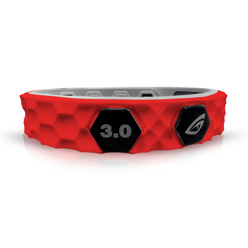 The GATORSTRIKE™ SUPR Bands are red and gray silicone pickleball paddle ID bands with a honeycomb texture, featuring a black hexagon labeled 3.0 and a white logo for personalized fit and to help prevent paddle mix-ups.