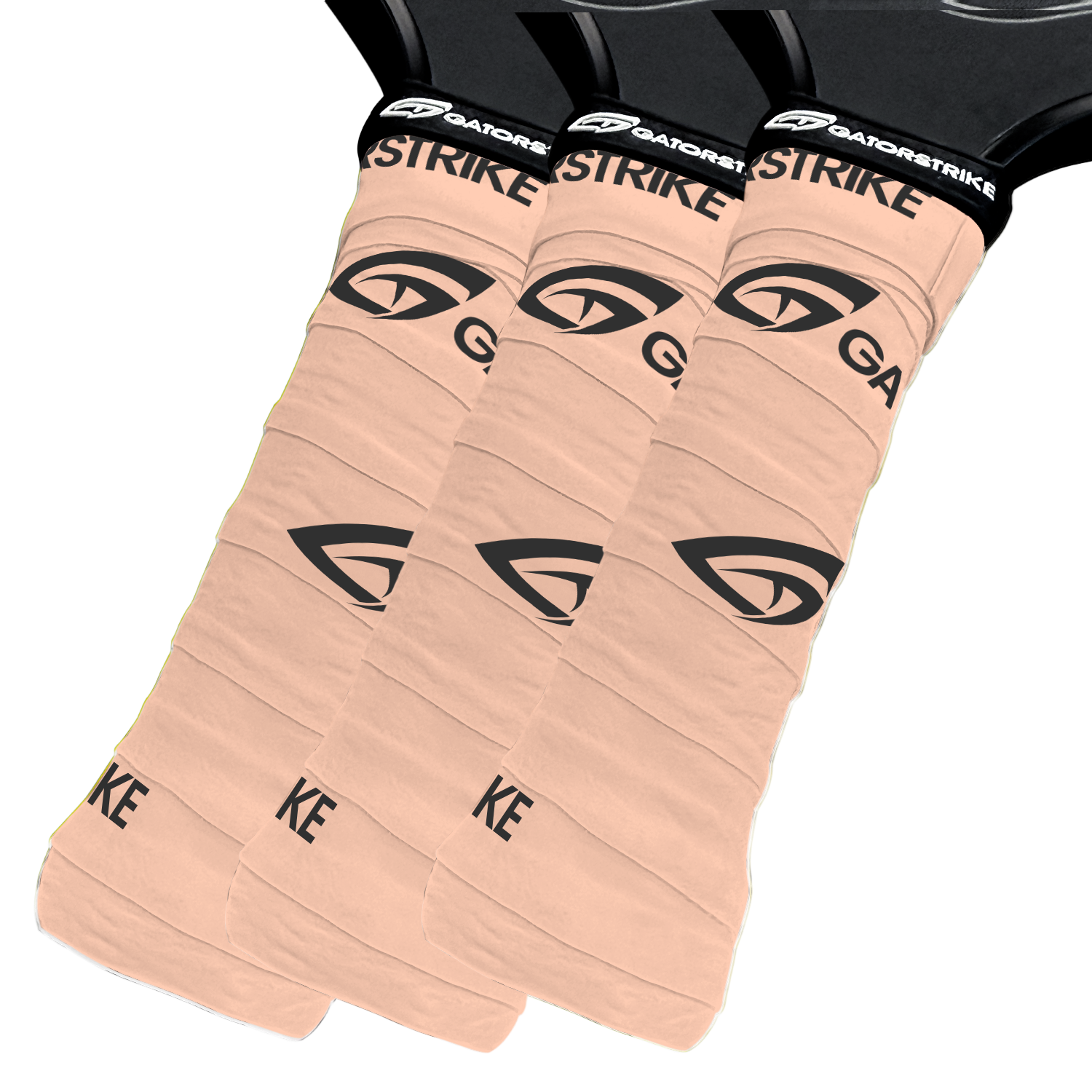Three GATORSTRIKE paddle handles with beige overgrips are aligned side by side. The grip tape displays the black GATORSTRIKE logo, and each handle’s top shows a black ring labeled "GATORSTRIKE" in white on a white background.