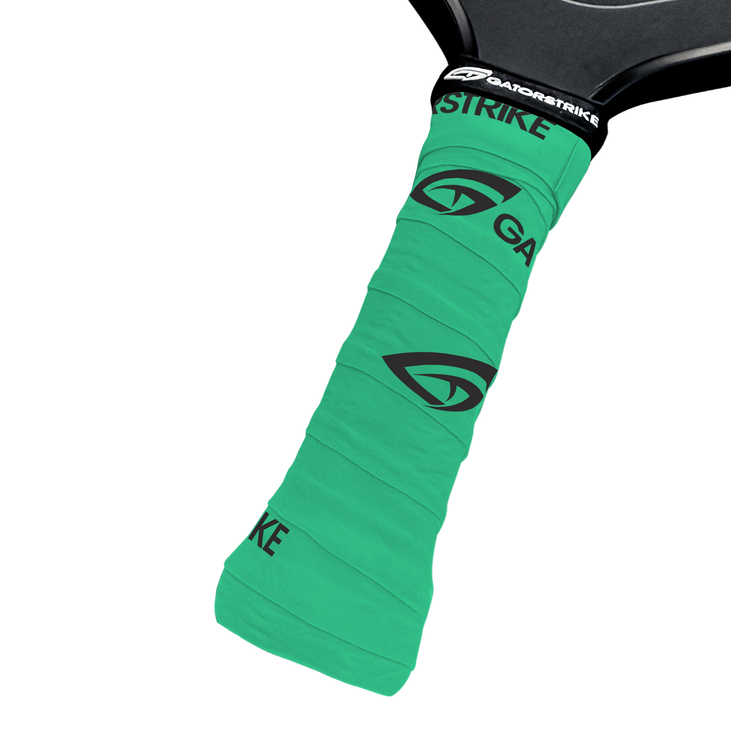 Close-up of a GATORSTRIKE™ Tacky Over Grips - 3 Pack in green, wrapped on a pickleball paddle handle with black GatorStrike logos and branding, providing a secure hold against a white background.