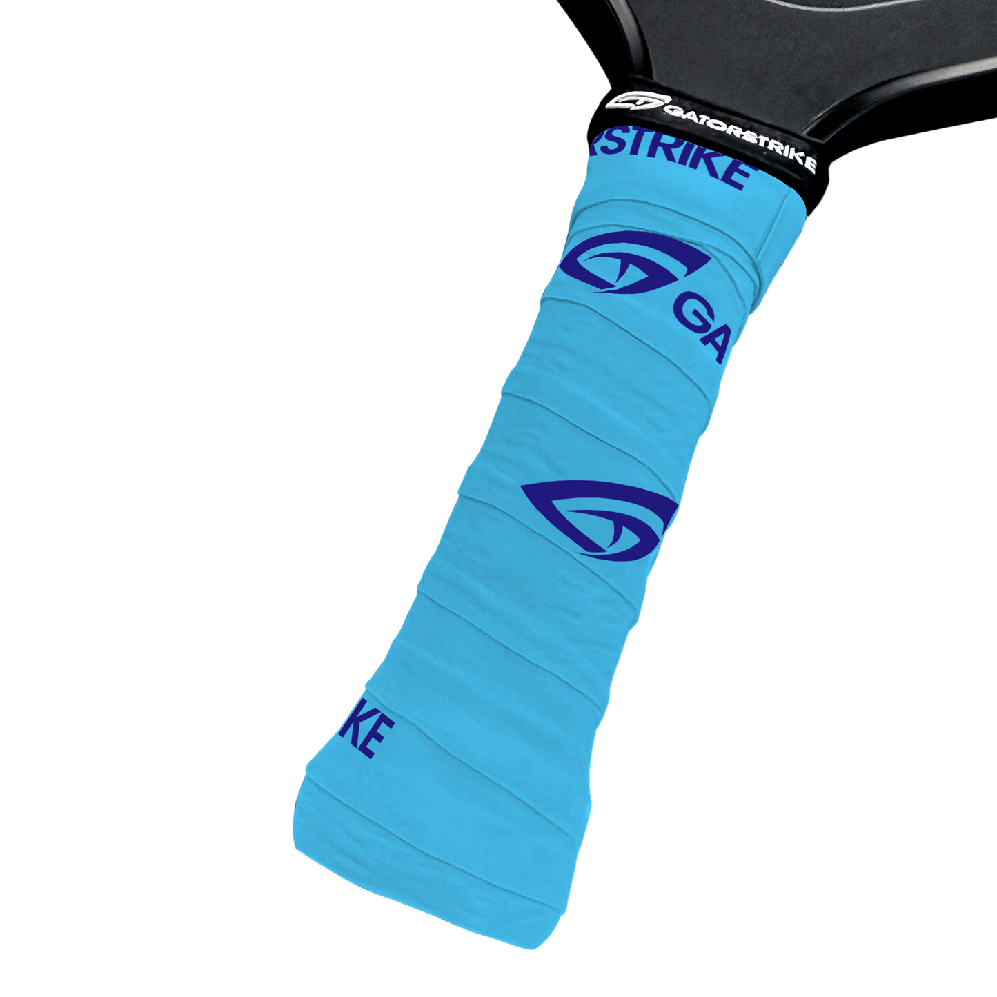 A close-up of a pickleball paddle handle wrapped in a GATORSTRIKE™ Tacky Over Grip for a secure hold, with the blue Gatorstrike logo and text. The head of the paddle is partially visible. Shown: 3 Pack.