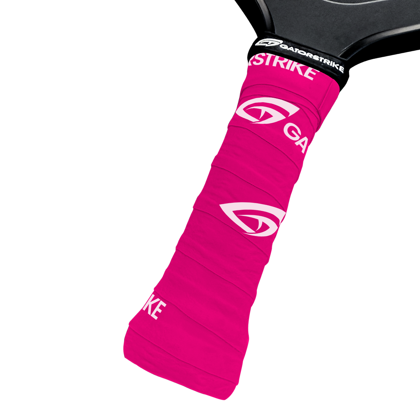 Close-up of a paddle handle wrapped in vibrant pink GATORSTRIKE™ Tacky Over Grips - 3 Pack, featuring white Gatorade and Gatorstrike logos. The grips offer players a secure, comfortable hold for better gameplay against a white background.