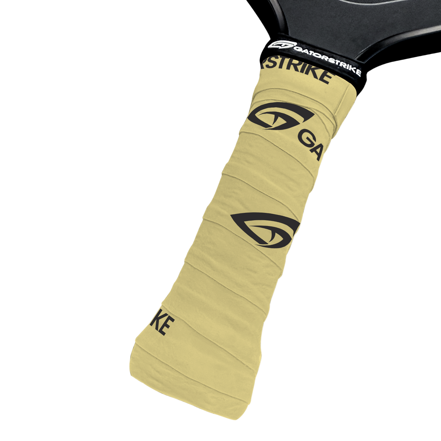 Close-up of a paddle handle wrapped in the GATORSTRIKE™ Tacky Over Grips - 3 Pack (beige), with the black GatorStrike logo printed repeatedly for grip. The partially visible paddle sits against a white background.
