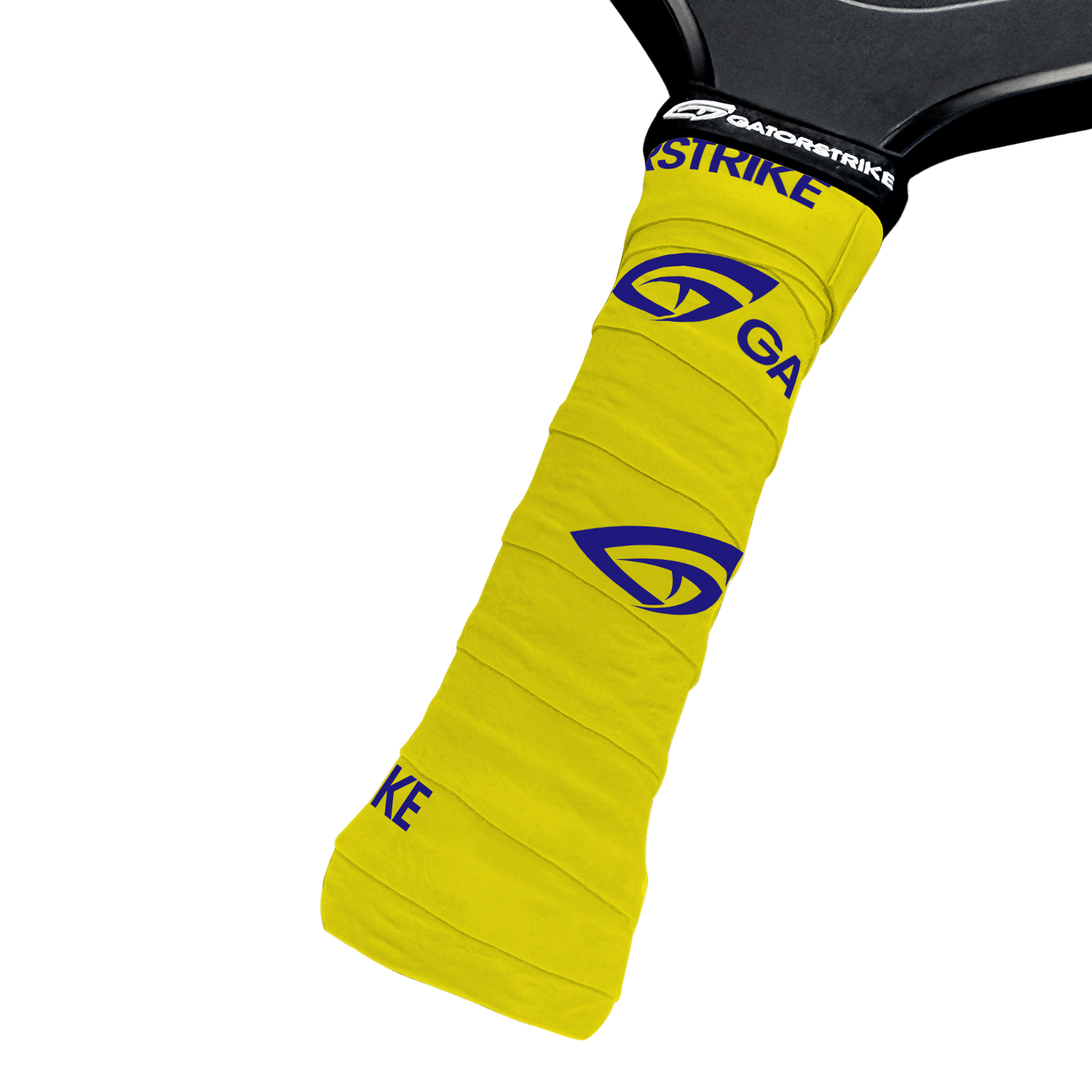 Close-up of a black paddle with a yellow GATORSTRIKE™ Tacky Over Grip from the 3 Pack, featuring blue branding and logo on the handle for added grip, set against a white background.