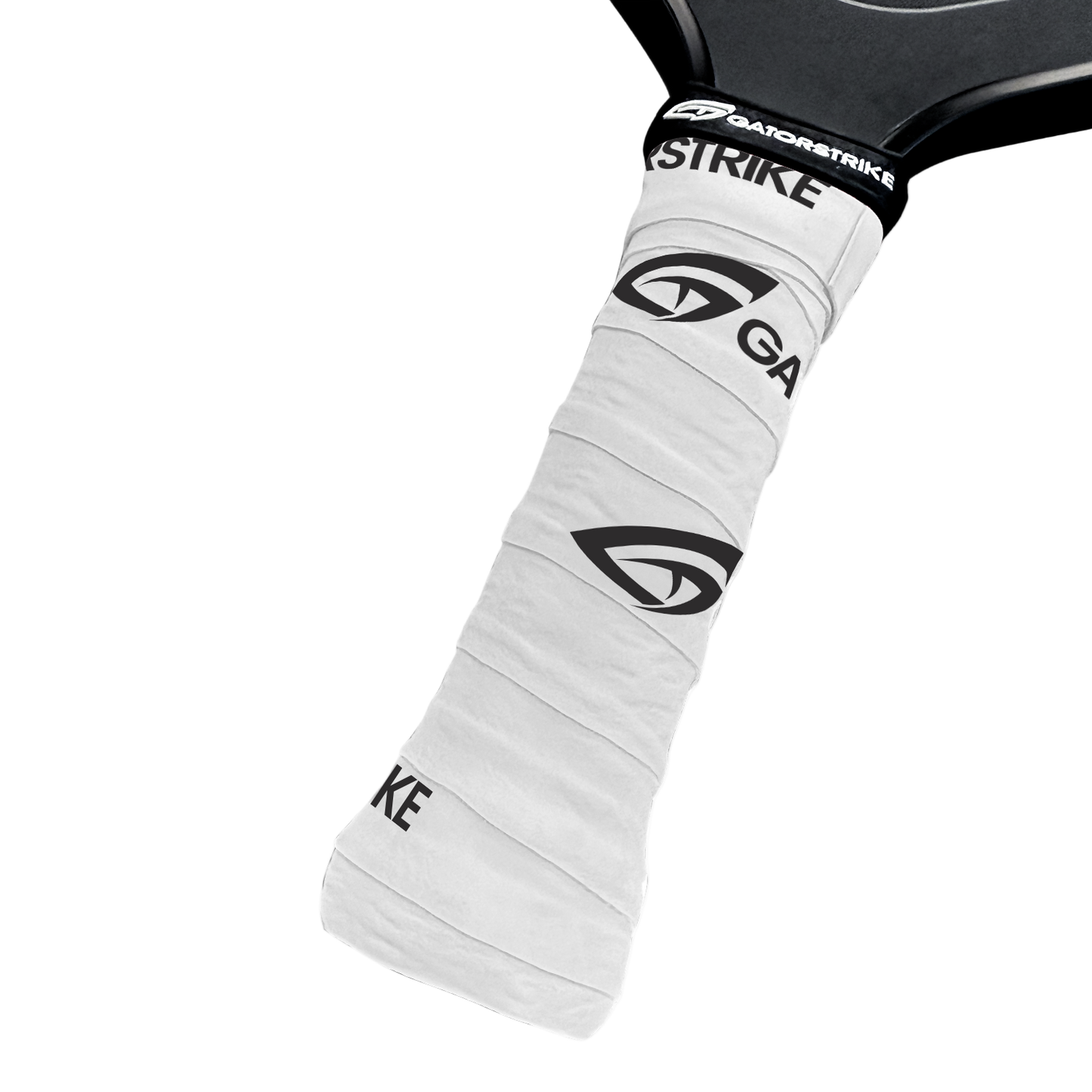 Close-up of a black paddle handle wrapped with a white GATORSTRIKE™ Tacky Over Grip from the 3 Pack, featuring the logo and text in black for a secure hold. Background is plain white.