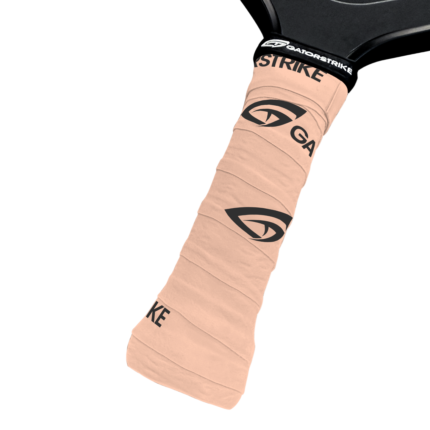 Close-up of a GATORSTRIKE™ Tacky Over Grip wrapped on a pickleball paddle handle, featuring black Gatorstrike logos for style and enhanced hold. Paddle’s upper edge is partially visible against a plain white background. Pack includes 3 grips.