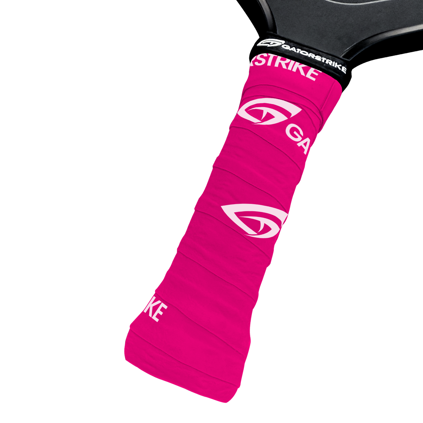 Close-up of a black paddle with a bright pink GATORSTRIKE™ Tacky Over Grip from the 3 Pack, wrapped around the handle for a secure hold. The overgrip displays white GatorStrike logos, set against a plain, light background.