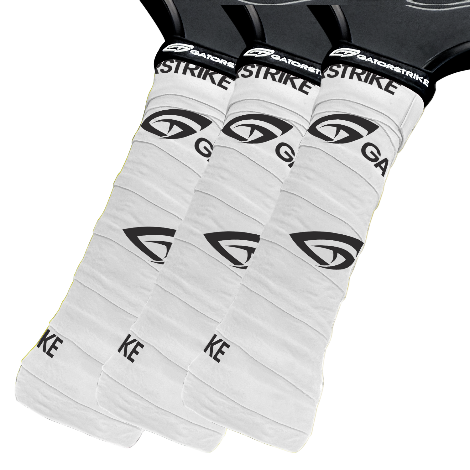 Three GATORSTRIKE tennis racquet handles and a paddle, each wrapped in wrinkled white overgrips featuring the Gatorade Eye logo and "GATORSTRIKE" in black, are aligned side by side on a white background.