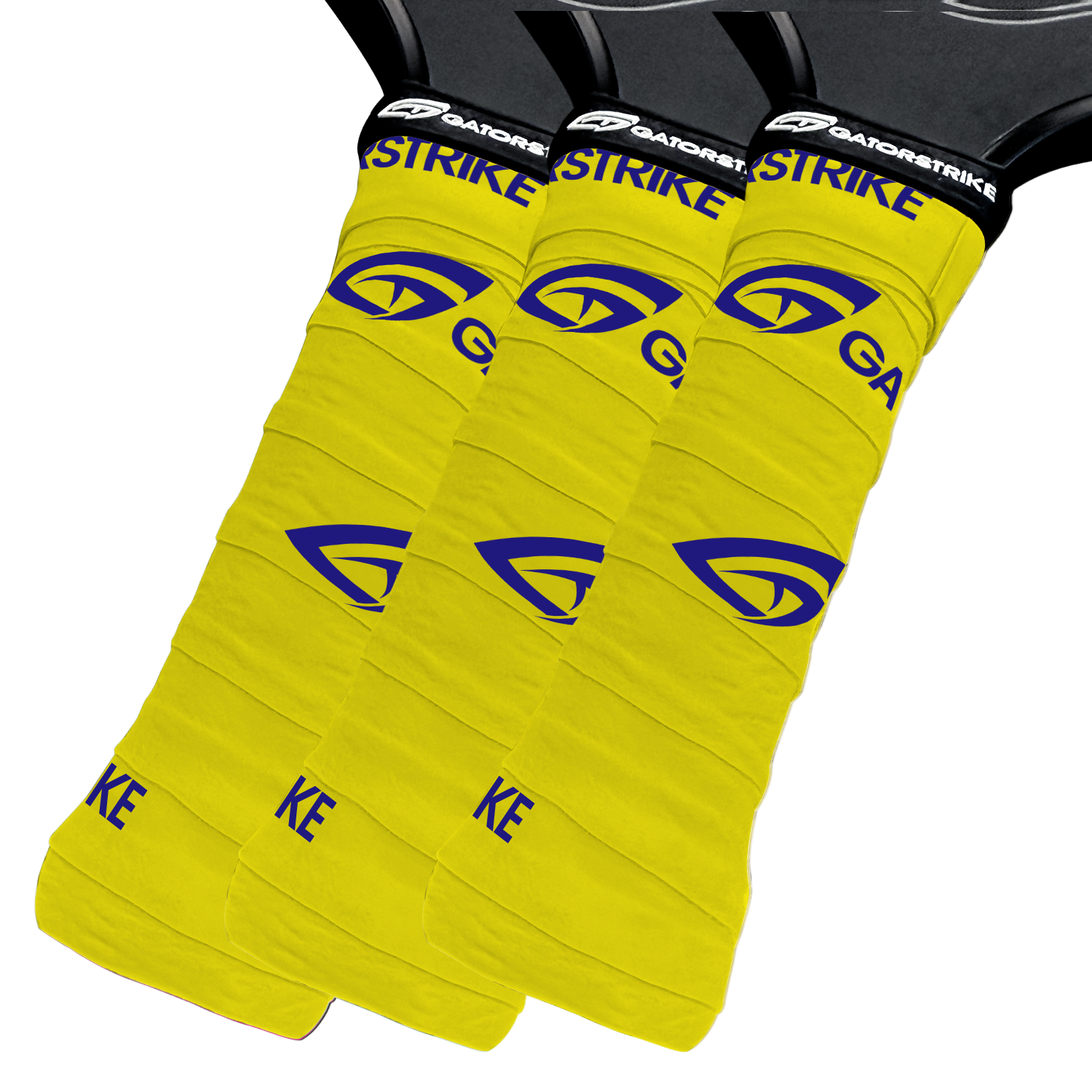 Three overlapping yellow GATORSTRIKE sports paddle overgrips with a blue alligator-eye logo and black tops displaying the white GATORSTRIKE label, designed for a secure hold, are shown against a white background.