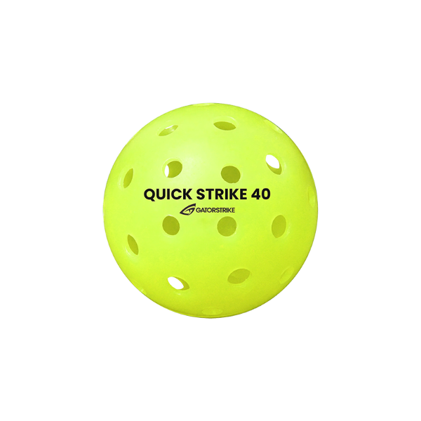 A bright yellow GATORSTRIKE Quick Strike 40 Pickleball, featuring multiple evenly spaced holes and “QUICK STRIKE 40” and “GATORSTRIKE” printed in black, designed for consistency in competitive play, shown on a plain white background.