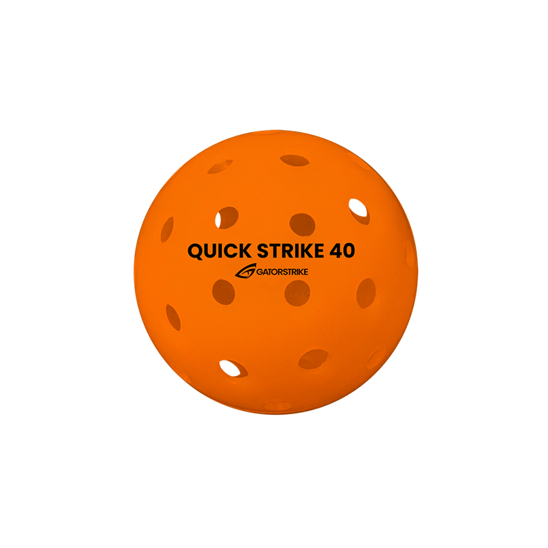 The GATORSTRIKE™ Quick Strike Pickleballs are orange, perforated plastic balls marked with "QUICK STRIKE 40" and a logo, designed for top consistency and ideal for wiffle ball or pickleball competitive play.