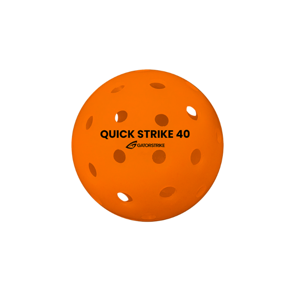 A bright orange GATORSTRIKE Quick Strike 40 Pickleball with evenly spaced holes and black QUICK STRIKE 40 and GATORSTRIKE text on its smooth surface—perfect for competitive play. Shown on a plain white background.
