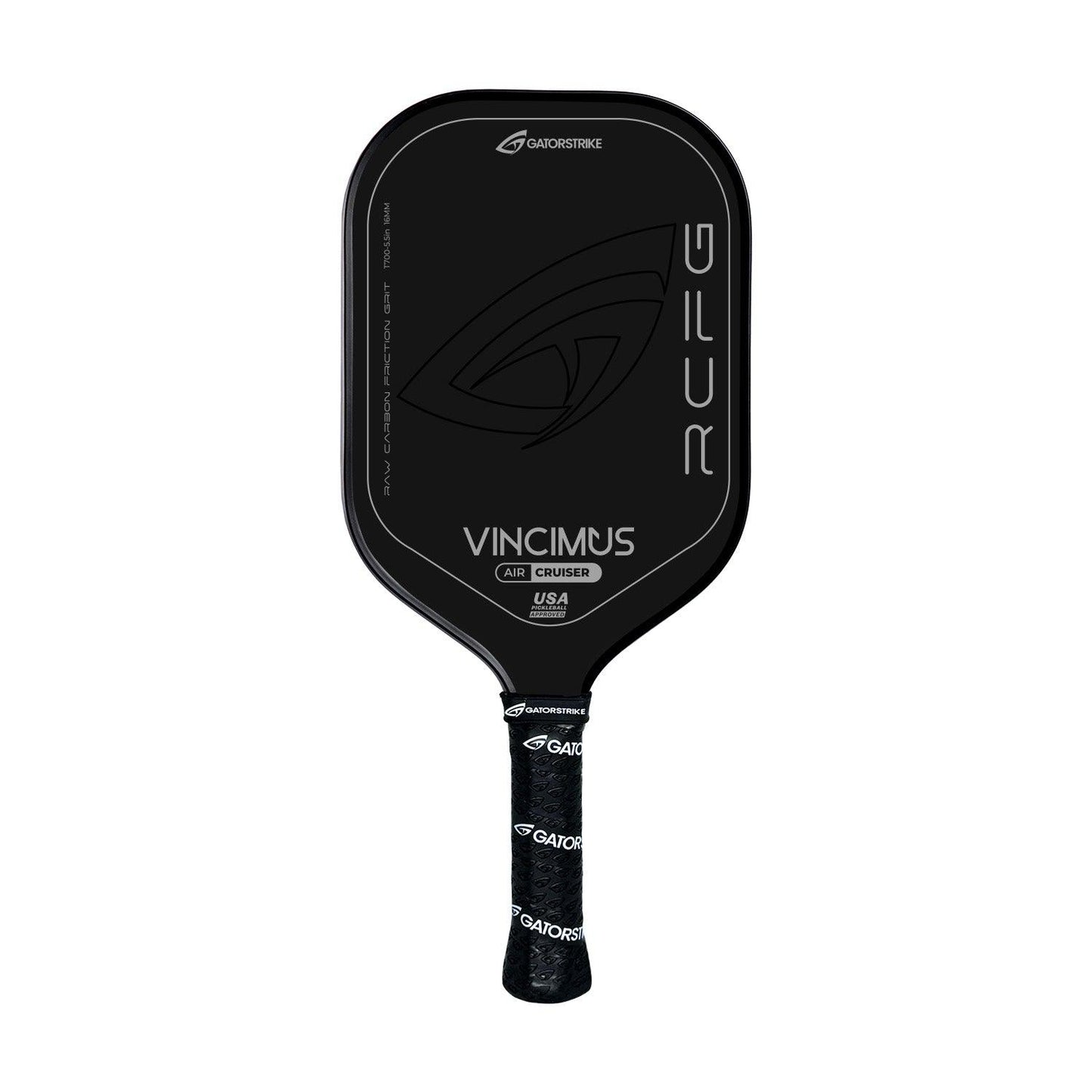 A black carbon fiber pickleball paddle from GATORSTRIKE with a stylized eye logo. The face displays VINCIMUS AIR CRUISER and RCFG, and the handle is wrapped in black grip tape with repeating GATORSTRIKE branding.