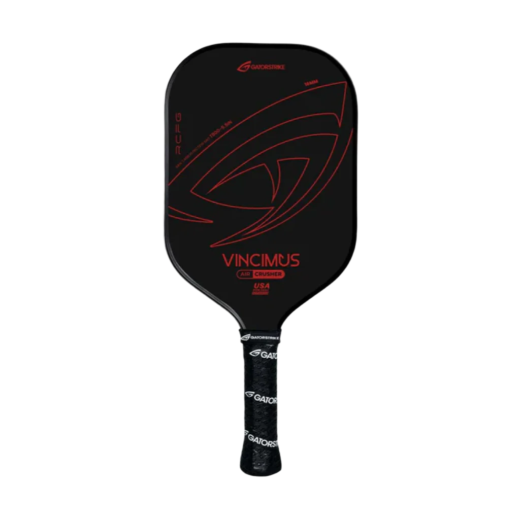 A black carbon fiber pickleball paddle with red geometric designs and the brand name GATORSTRIKE. The model name VINCIMUS appears in large red text, with AIR CRUSHED USA below. The lightweight paddle has a black handle with GATORSTRIKE in white.