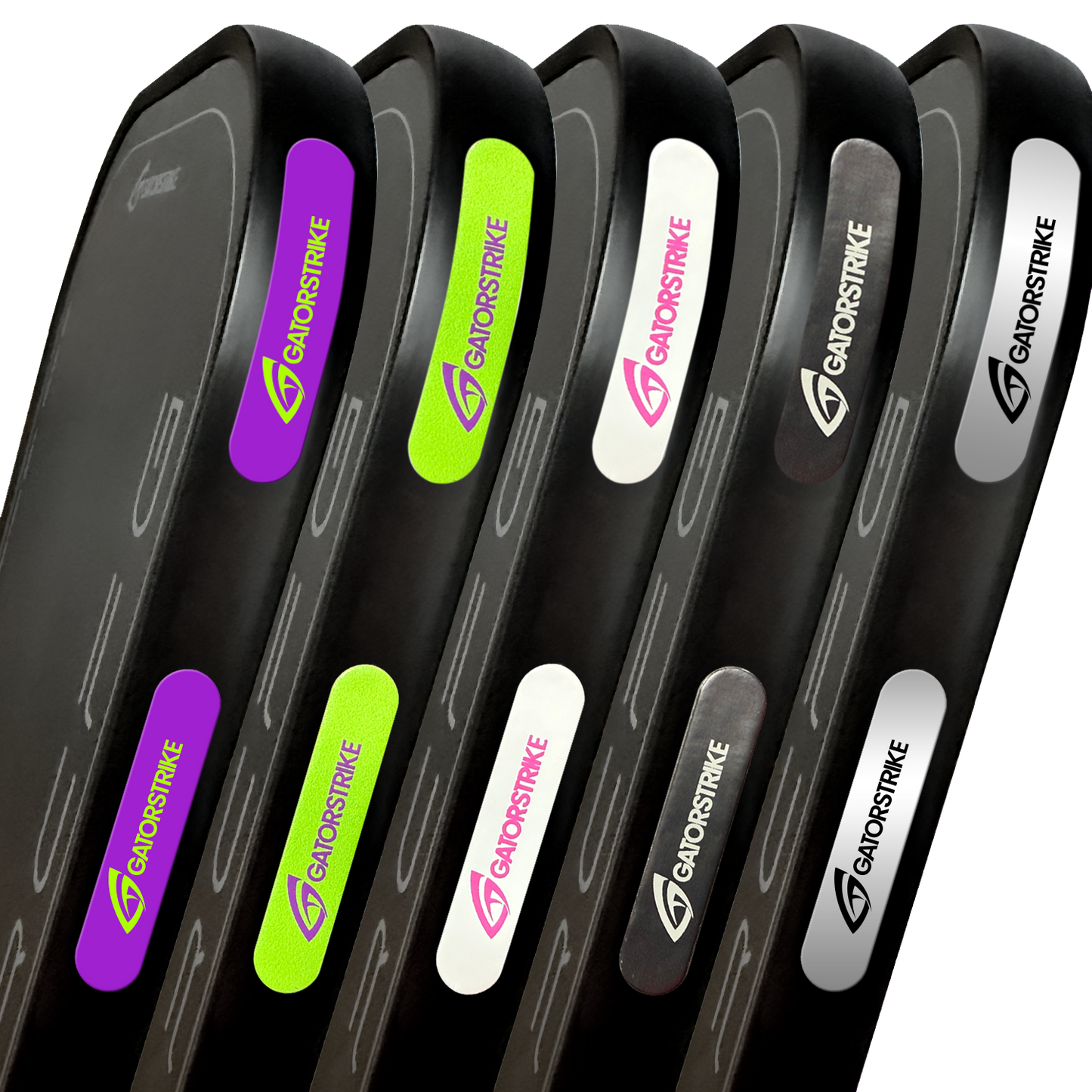 A row of six black GANOSTRIKE Weight Tape packs (10-50 pack) with vibrant purple, green, pink, and white logos on each handle stands upright, perfect for carrying your pickleball paddle balance and accessories.