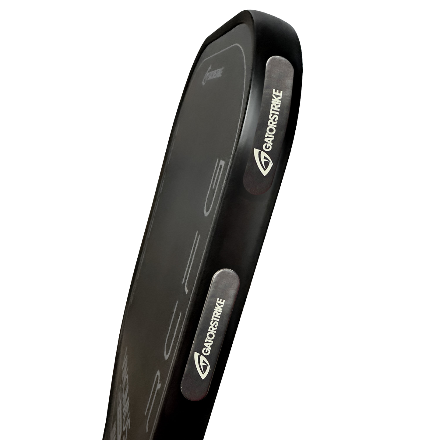 A close-up view of the side of a black rectangular Weight Tape 10 Pack - 50 Pack with GAINSTRIKE and its logo on the handles. Designed as a pickleball accessory, it features a smooth surface and rounded edges.