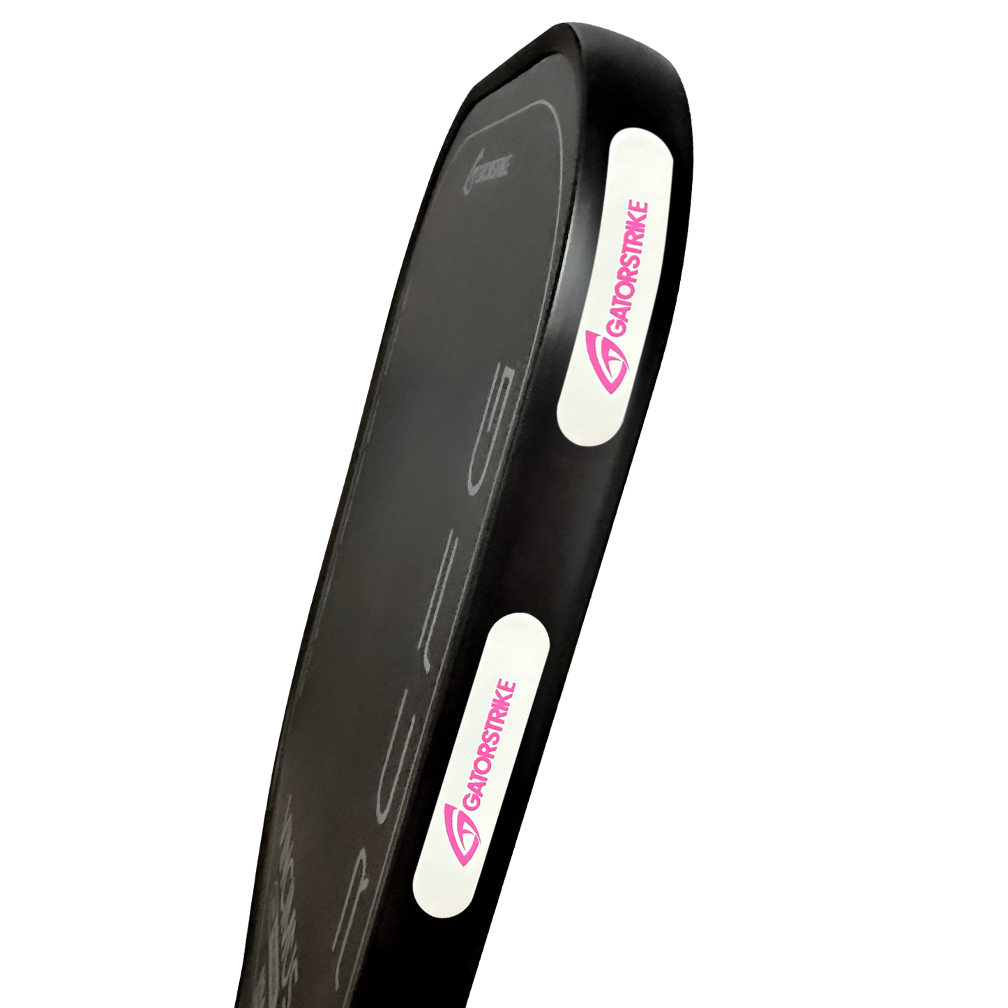 A close-up of the Weight Tape 10 Pack - 50 Pack, a black rectangular sports pad with white side panels labeled GAINSTRIKE in pink. This sleek pickleball accessory helps maintain optimal paddle balance, displayed on a plain white background.