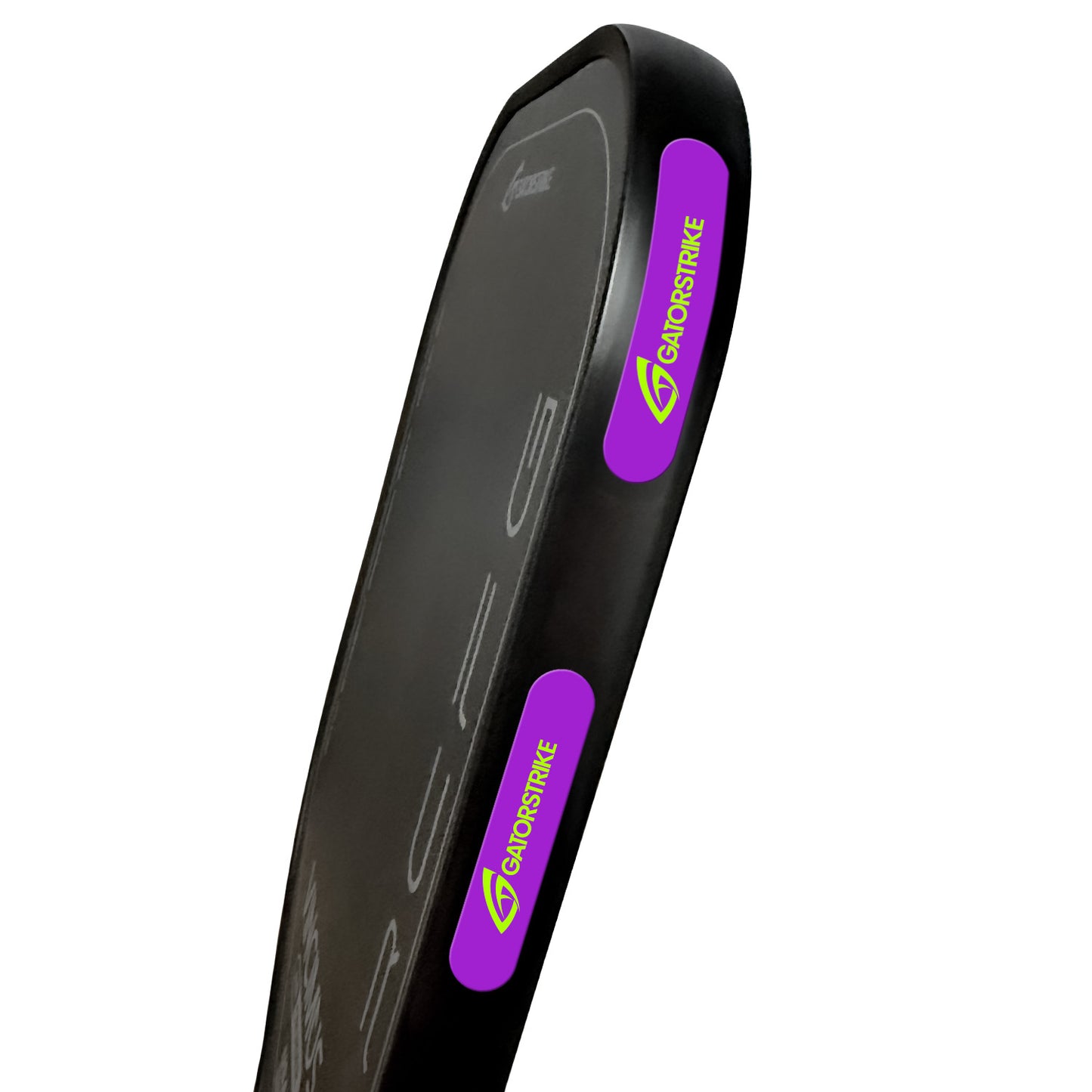 A close-up of the Weight Tape 10 Pack - 50 Pack, a black rectangular sports pad with two purple GAMESTRIKE stickers and a green logo. Its curved shape lets you fine-tune your pickleball paddle’s weight and balance for better play.