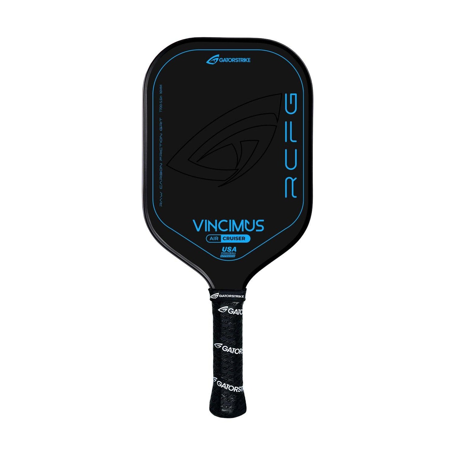 The VINCIMUS - AIR CRUISER is a black and blue pickleball paddle with a carbon fiber face, GAITORSTRIKE branding, and VINCIMUS/RCFG graphics. Its lightweight unibody design offers comfort and durability.