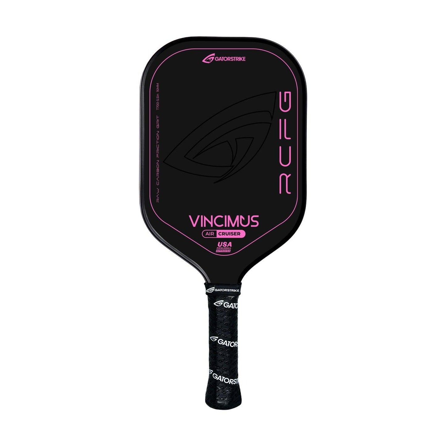 The VINCIMUS - AIR CRUISER is a black pickleball paddle with pink accents and branding, featuring Vincimus, RCFG, and Gatorstrike. It has a carbon fiber face, lightweight unibody construction, and a textured handle with repeating Gatorstrike logos.