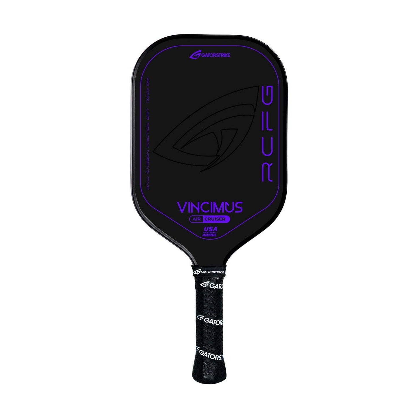 The VINCIMUS - AIR CRUISER is a black pickleball paddle with purple accents and the GAMMA logo, featuring a carbon fiber face and a black grip handle with white logos, labeled "AIR CURVED USA.