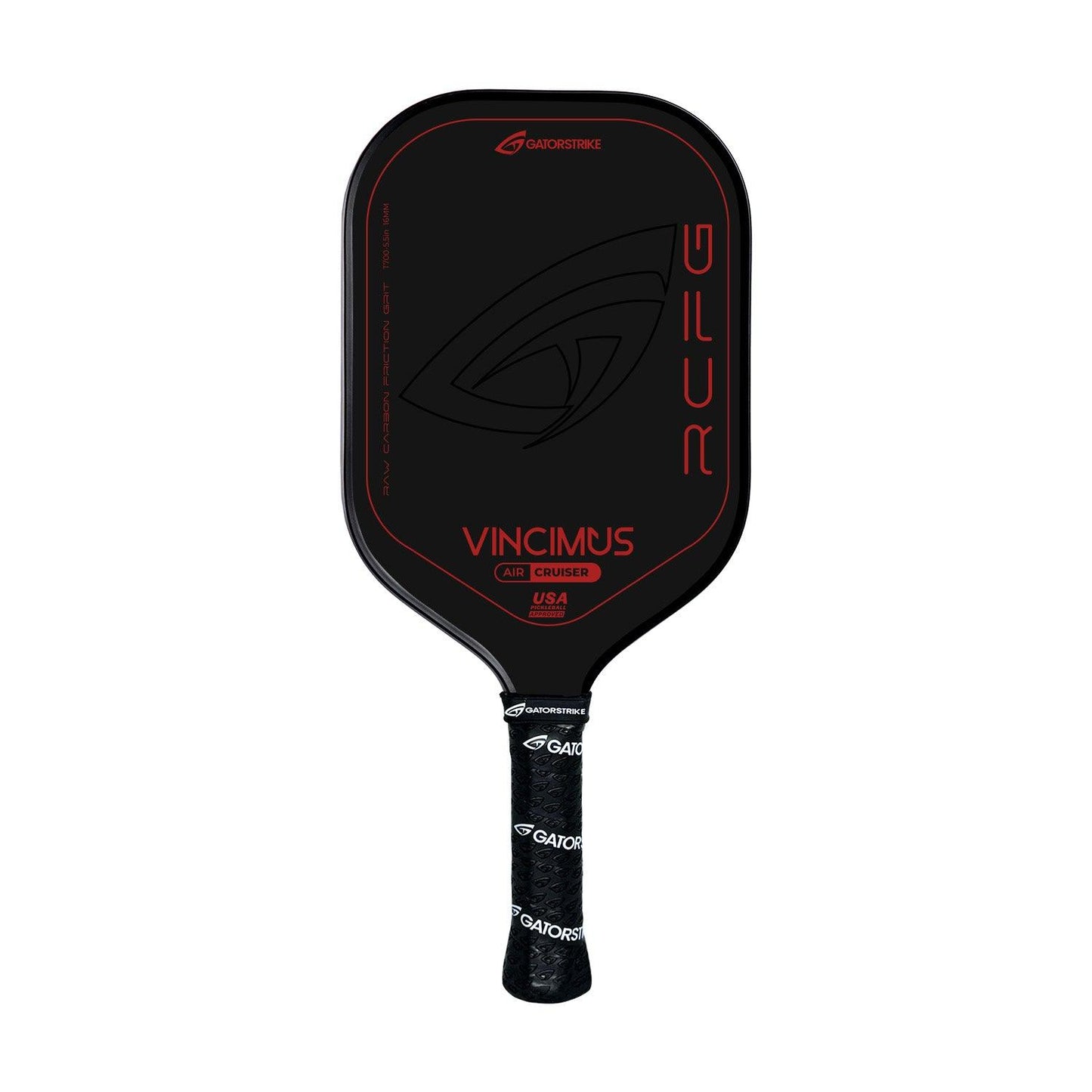 The black and red VINCIMUS - AIR CRUISER pickleball paddle has a carbon fiber face, lightweight unibody design, and a handle wrapped in black Gatorstrike grip tape for superior control.