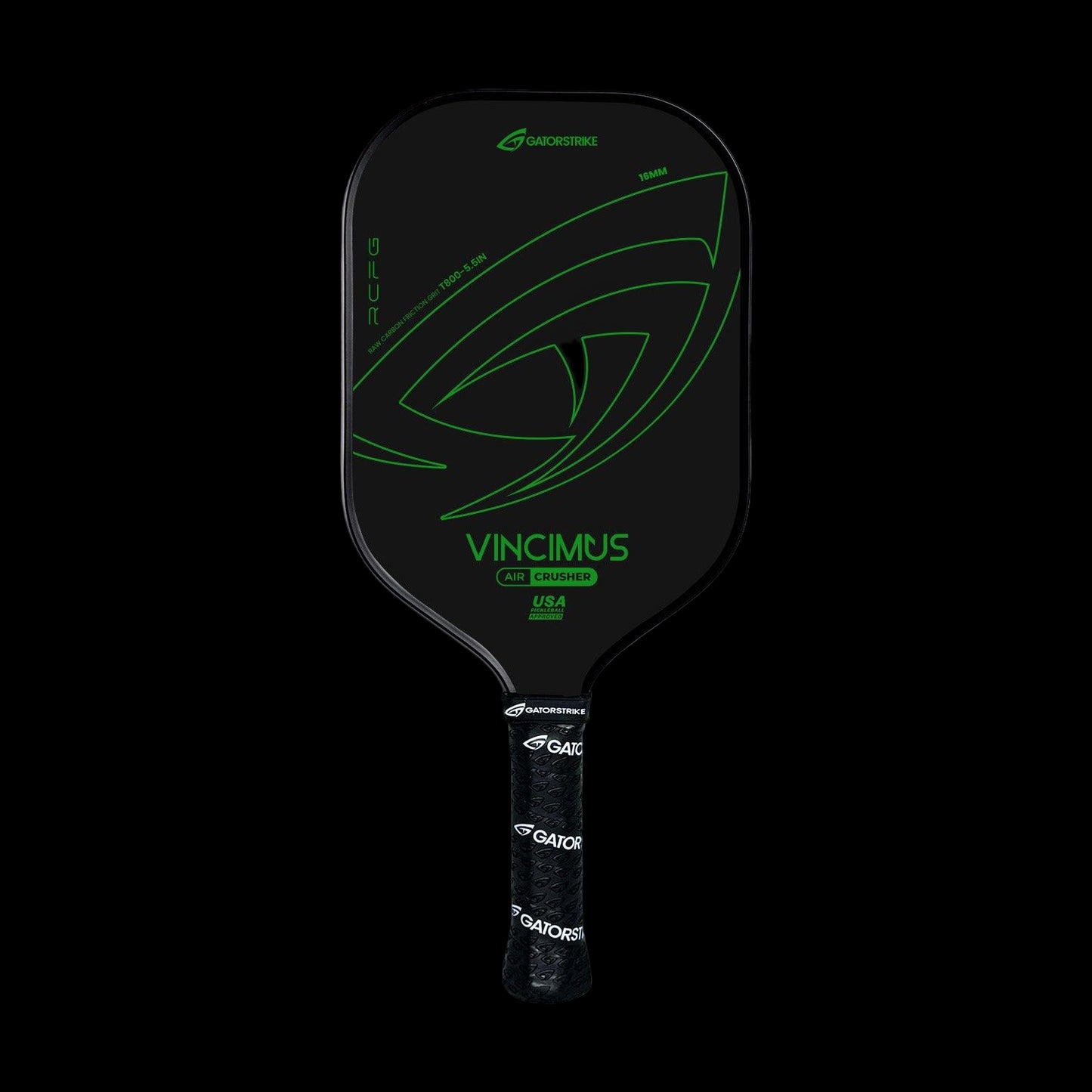 The VINCIMUS - AIR CRUSHER is a black pickleball paddle with green accents and GAORSTRIKE branding. "VINCIMUS" and "CARB CRUSHER" in green text are above the handle, which has a black grip tape. Features a Unibody design.