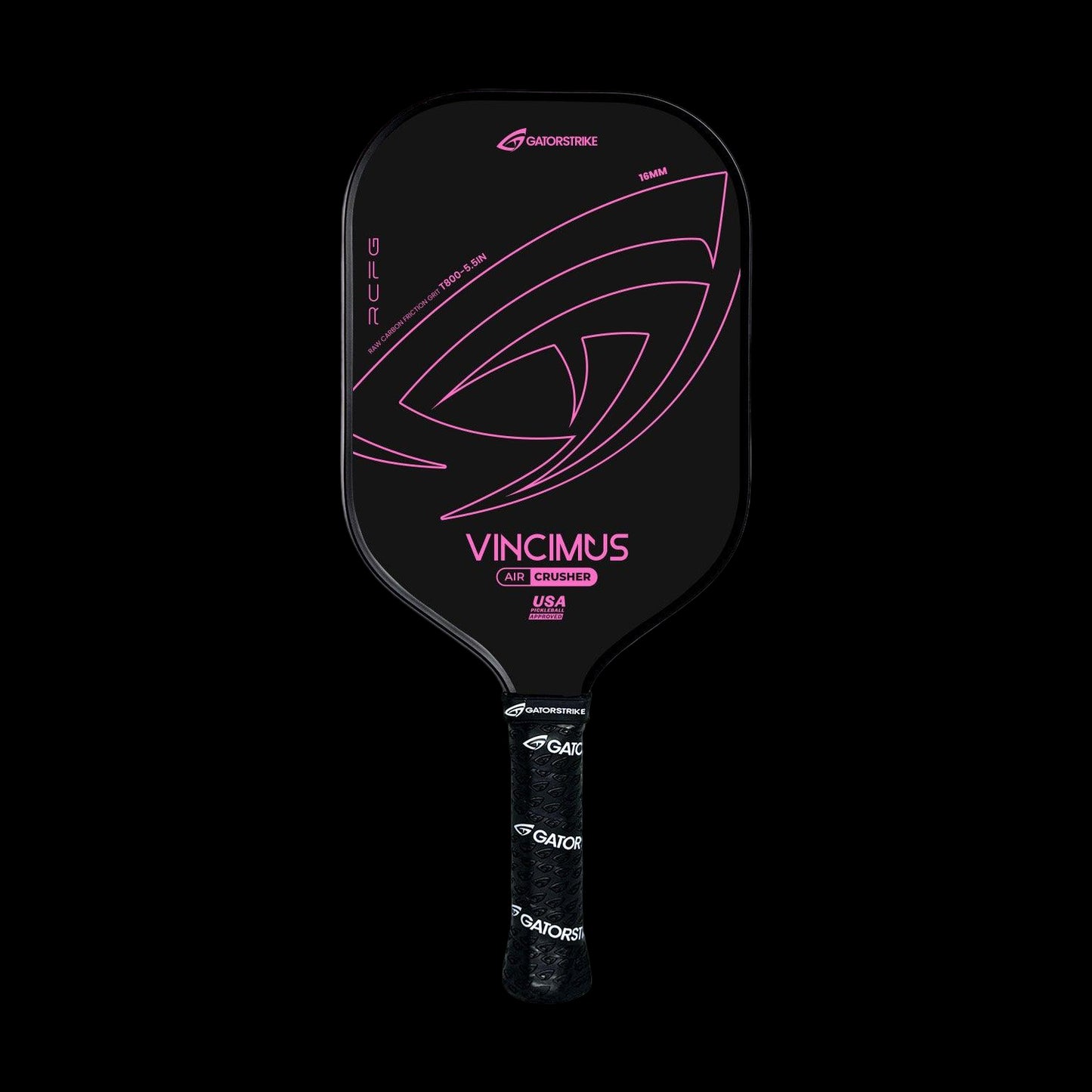 A black pickleball paddle with pink accents, branded GAORSTRIKE and model VINCIMUS - AIR CRUSHER. Its unibody design and carbon fiber grit offer explosive speed and control, featuring a bold abstract pink graphic on the face.